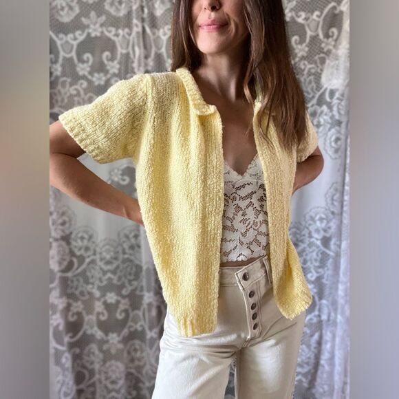 Vintage LeRoy Knitwear Acrylic Open Front Short Sleeve Yellow Cardigan - Picture 7 of 13